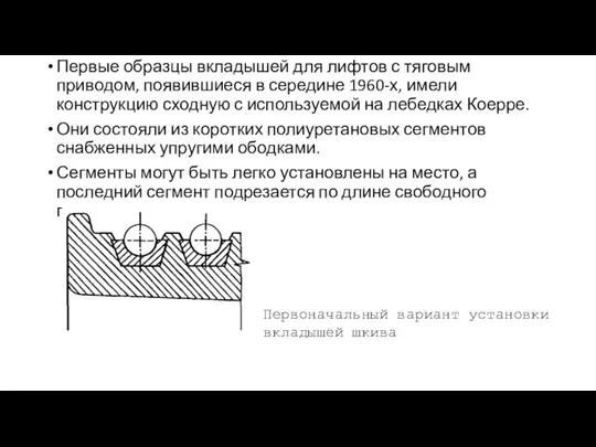 Первые образцы вкладышей для лифтов с тяговым приводом, появившиеся в середине