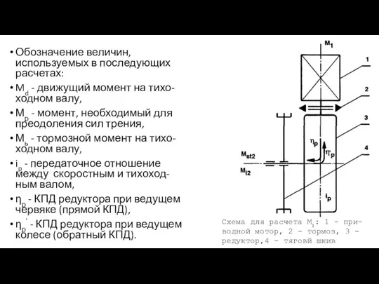 Обозначение величин, используемых в последующих расчетах: Md - движущий момент на