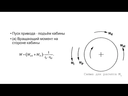 Пуск привода - подъём кабины (а) Вращающий момент на стороне кабины Схема для расчета М1