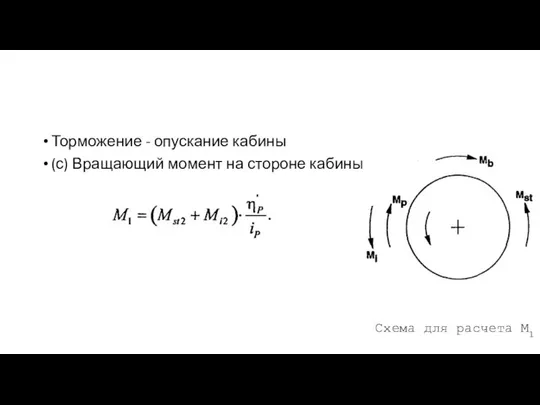 Торможение - опускание кабины (с) Вращающий момент на стороне кабины. Схема для расчета М1