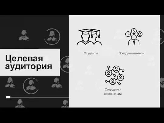 Целевая аудитория Сотрудники организаций Предприниматели Студенты