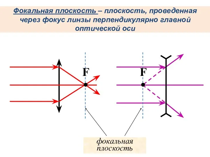 Фокальная плоскость – плоскость, проведенная через фокус линзы перпендикулярно главной оптической оси фокальная плоскость