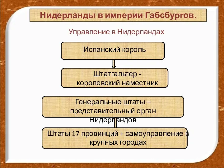 Нидерланды в империи Габсбургов. Управление в Нидерландах Испанский король Штатгальтер -