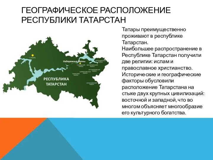 ГЕОГРАФИЧЕСКОЕ РАСПОЛОЖЕНИЕ РЕСПУБЛИКИ ТАТАРСТАН Татары преимущественно проживают в республике Татарстан. Наибольшее