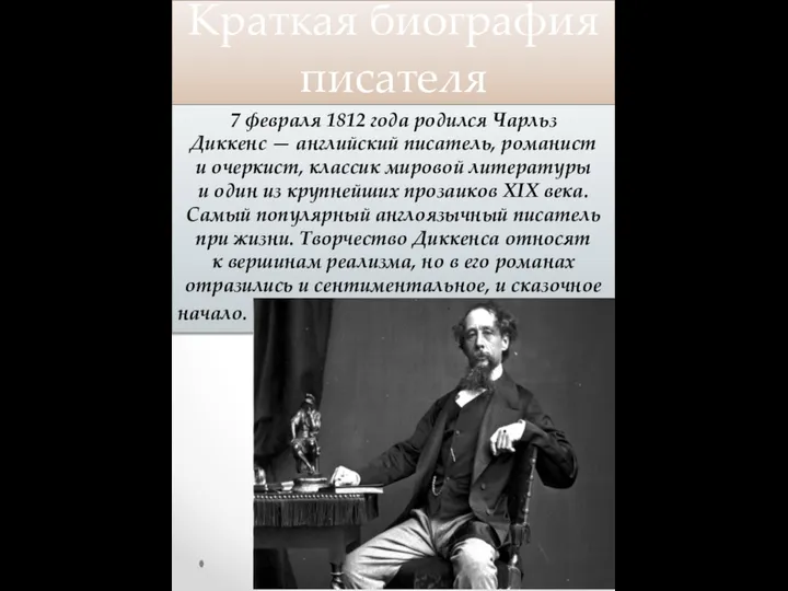 Краткая биография писателя 7 февраля 1812 года родился Чарльз Диккенс —