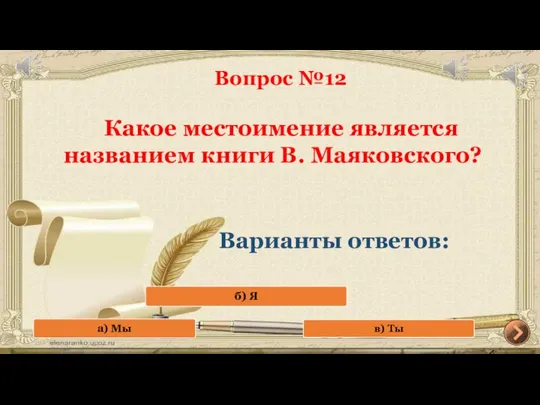 Вопрос №12 Какое местоимение является названием книги В. Маяковского? Варианты ответов: