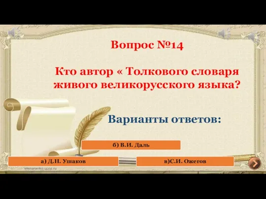 Вопрос №14 Кто автор « Толкового словаря живого великорусского языка? Варианты ответов: