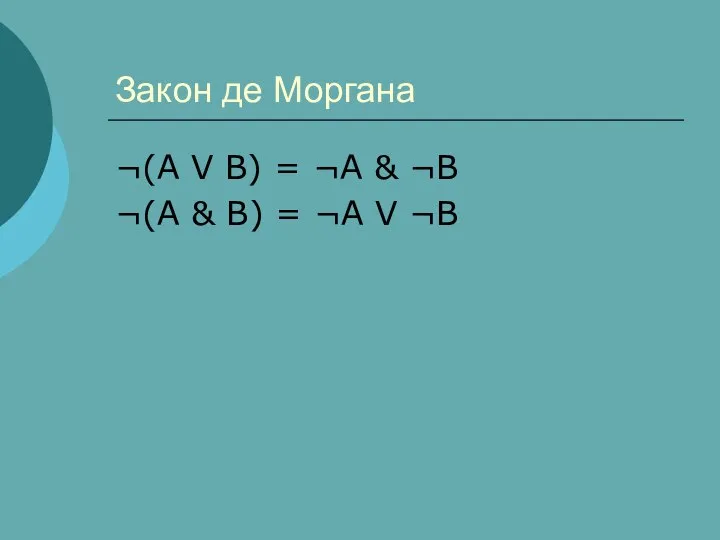 Закон де Моргана ¬(A V B) = ¬A & ¬B ¬(A