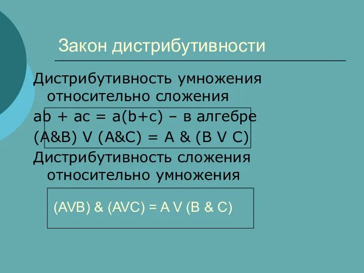 Закон дистрибутивности Дистрибутивность умножения относительно сложения ab + ac = a(b+c)