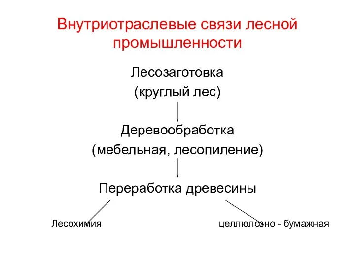 Внутриотраслевые связи лесной промышленности Лесозаготовка (круглый лес) Деревообработка (мебельная, лесопиление) Переработка древесины Лесохимия целлюлозно - бумажная