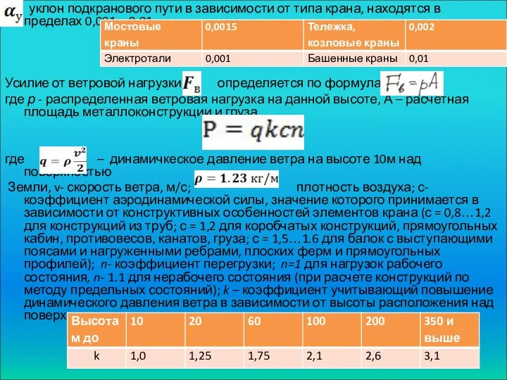 уклон подкранового пути в зависимости от типа крана, находятся в пределах