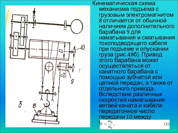 Кинематическая схема механизма подъема с грузовым электромагнитом 8 отличается от обычной