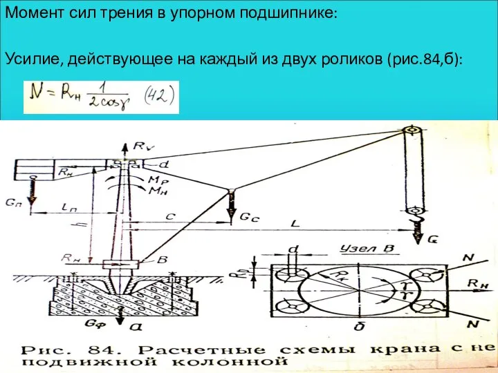 Момент сил трения в упорном подшипнике: Усилие, действующее на каждый из двух роликов (рис.84,б):