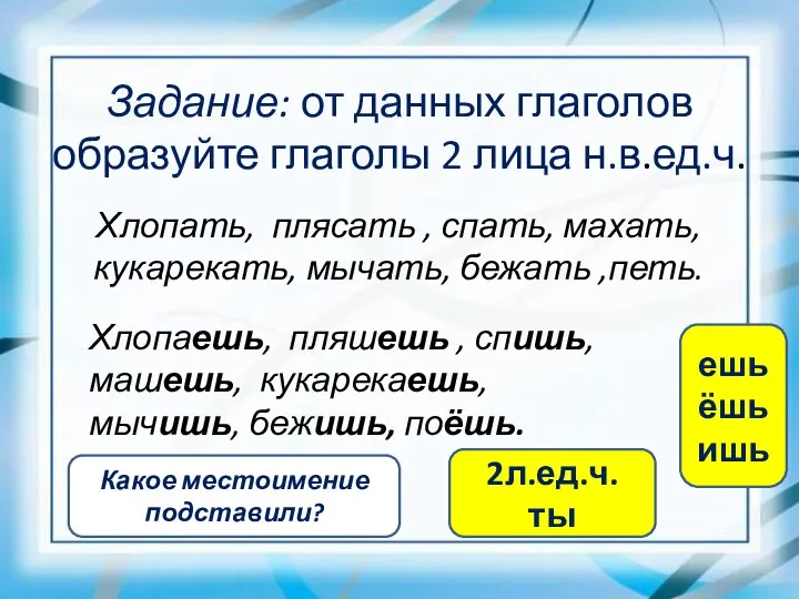 Задание: от данных глаголов образуйте глаголы 2 лица н.в.ед.ч. Хлопать, плясать