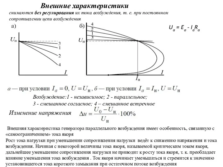 Внешние характеристики снимаются без регулирования их тока возбуждения, т. е. при