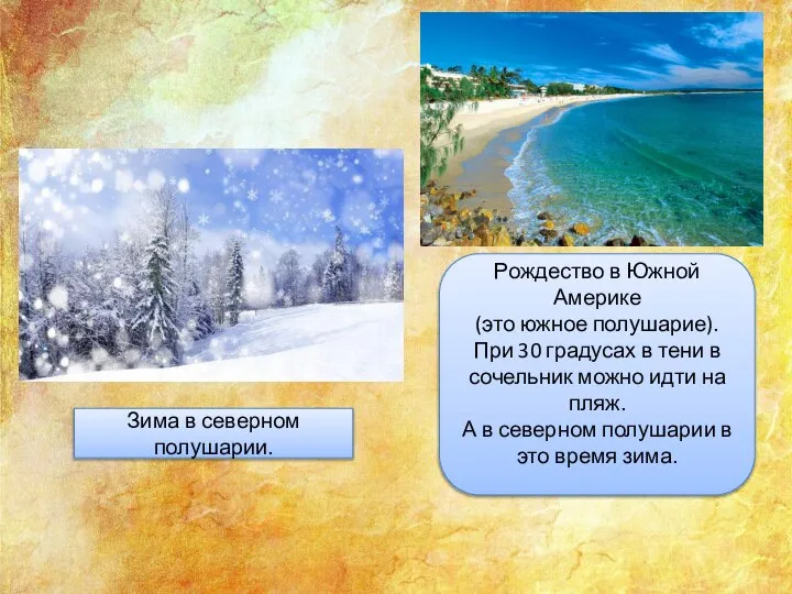 Зима в северном полушарии. Рождество в Южной Америке (это южное полушарие).