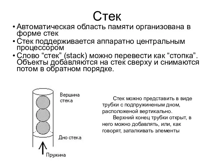 Стек Автоматическая область памяти организована в форме стек Стек поддерживается аппаратно