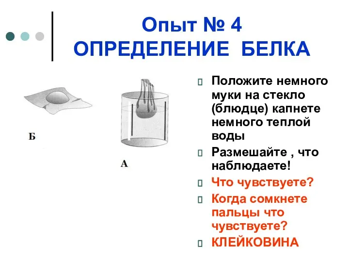 Опыт № 4 ОПРЕДЕЛЕНИЕ БЕЛКА Положите немного муки на стекло (блюдце)