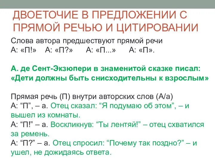 ДВОЕТОЧИЕ В ПРЕДЛОЖЕНИИ С ПРЯМОЙ РЕЧЬЮ И ЦИТИРОВАНИИ Слова автора предшествуют