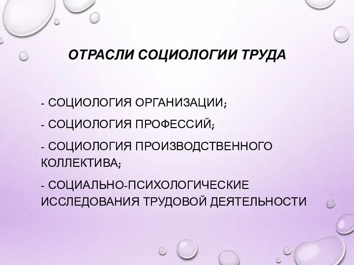 ОТРАСЛИ СОЦИОЛОГИИ ТРУДА - СОЦИОЛОГИЯ ОРГАНИЗАЦИИ; - СОЦИОЛОГИЯ ПРОФЕССИЙ; - СОЦИОЛОГИЯ