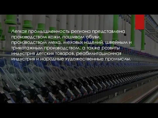 Легкая промышленность региона представлена производством кожи, пошивом обуви, производством меха, меховых