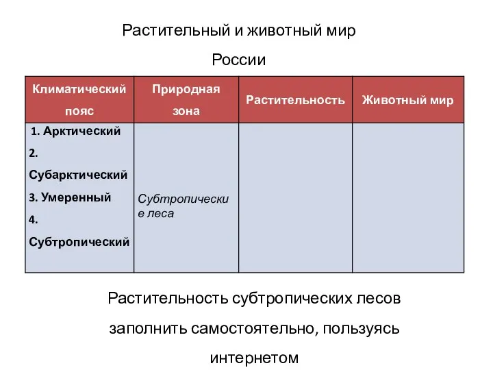 Растительный и животный мир России Растительность субтропических лесов заполнить самостоятельно, пользуясь интернетом