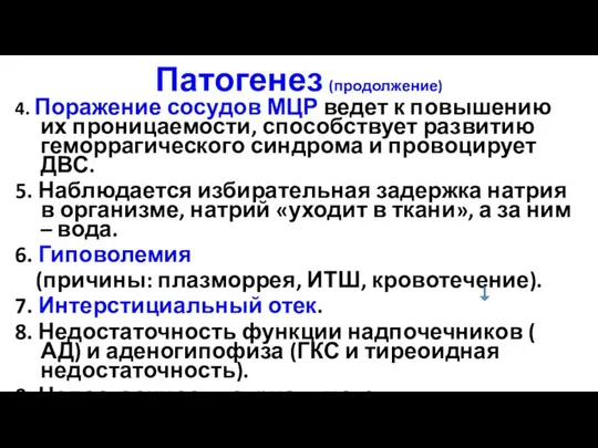 Патогенез (продолжение) 4. Поражение сосудов МЦР ведет к повышению их проницаемости,