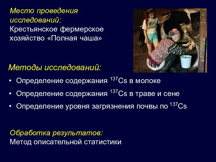 Место проведения исследований: Крестьянское фермерское хозяйство «Полная чаша» Методы исследований: Определение