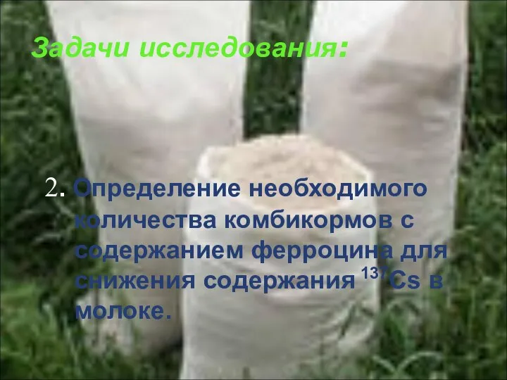 Задачи исследования: 2. Определение необходимого количества комбикормов с содержанием ферроцина для снижения содержания 137Cs в молоке.