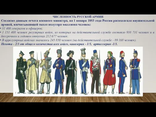 ЧИСЛЕННОСТЬ РУССКОЙ АРМИИ Согласно данным отчета военного министра, на 1 января