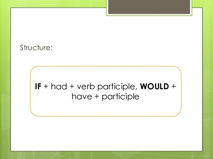 Structure: IF + had + verb participle, WOULD + have + participle