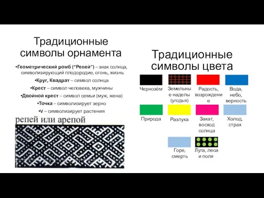 Традиционные символы орнамента Геометрический ромб (“Репей”) – знак солнца, символизирующий плодородие,