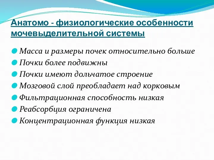 Анатомо - физиологические особенности мочевыделительной системы Масса и размеры почек относительно