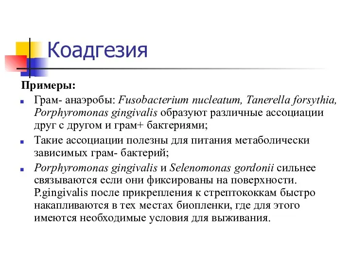 Коадгезия Примеры: Грам- анаэробы: Fusobacterium nucleatum, Tanerella forsythia, Porphyromonas gingivalis образуют