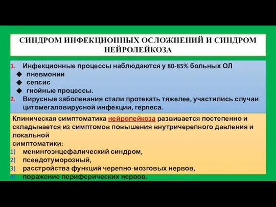 СИНДРОМ ИНФЕКЦИОННЫХ ОСЛОЖНЕНИЙ И СИНДРОМ НЕЙРОЛЕЙКОЗА Инфекционные процессы наблюдаются у 80-85%