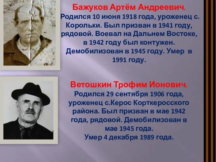 Бажуков Артём Андреевич. Родился 10 июня 1918 года, уроженец с.Корольки. Был