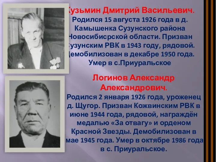 Кузьмин Дмитрий Васильевич. Родился 15 августа 1926 года в д. Камышенка