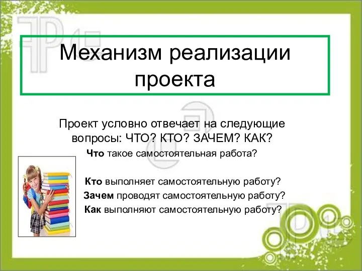 Механизм реализации проекта Проект условно отвечает на следующие вопросы: ЧТО? КТО?