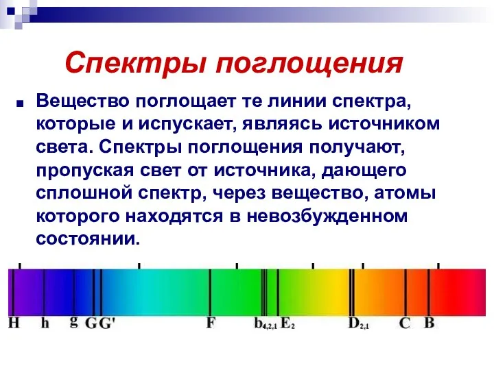 Спектры поглощения Вещество поглощает те линии спектра, которые и испускает, являясь