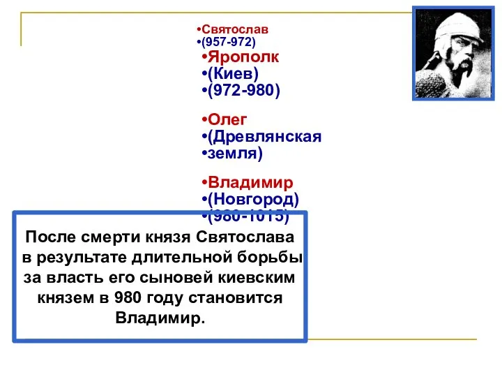 Святослав (957-972) Ярополк (Киев) (972-980) Олег (Древлянская земля) Владимир (Новгород) (980-1015)