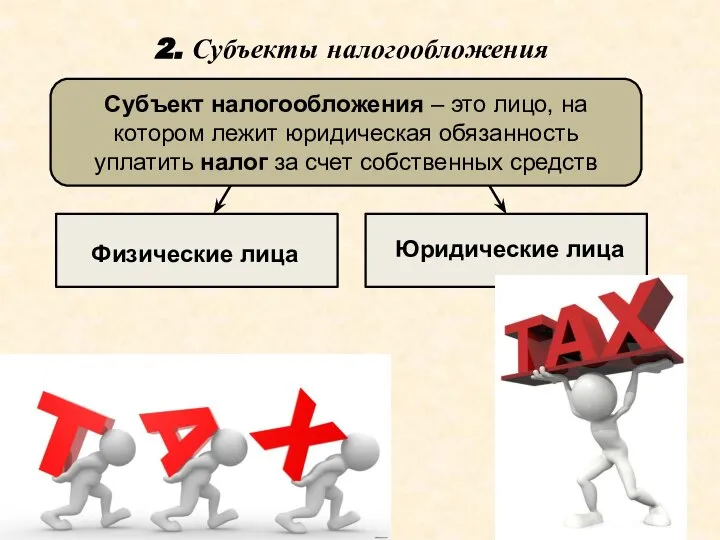 2. Субъекты налогообложения Субъект налогообложения – это лицо, на котором лежит