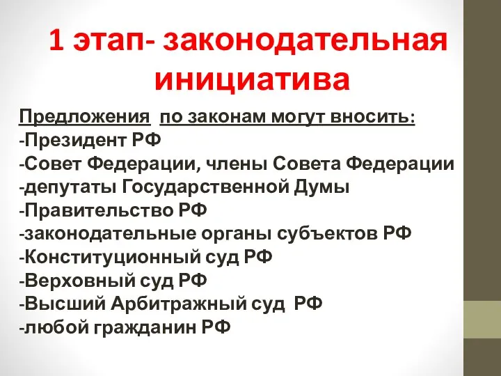 1 этап- законодательная инициатива Предложения по законам могут вносить: -Президент РФ