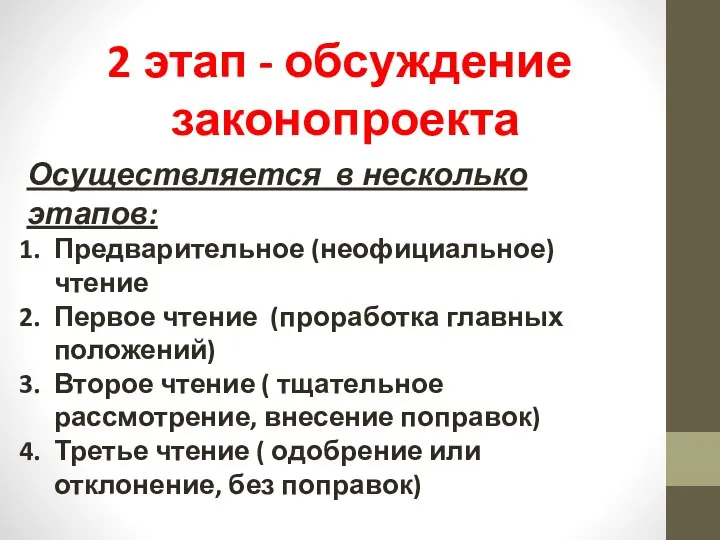 2 этап - обсуждение законопроекта Осуществляется в несколько этапов: Предварительное (неофициальное)