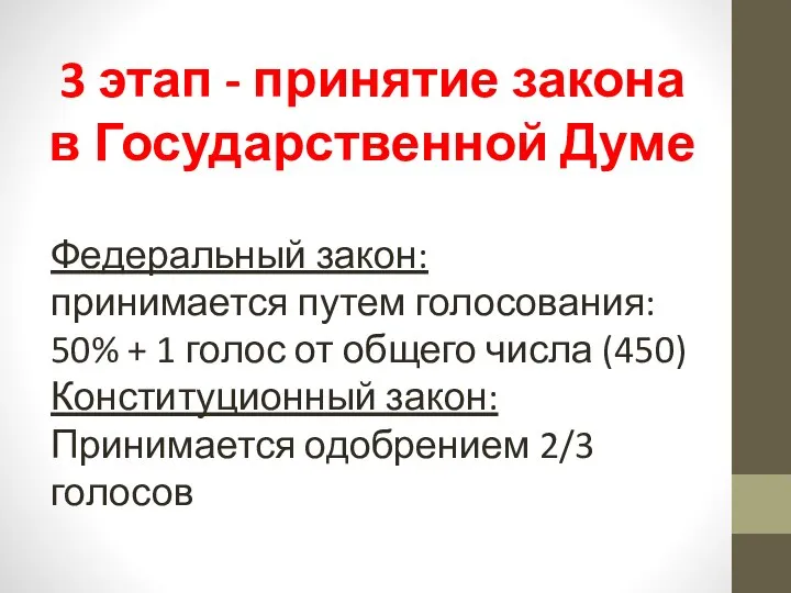 3 этап - принятие закона в Государственной Думе Федеральный закон: принимается