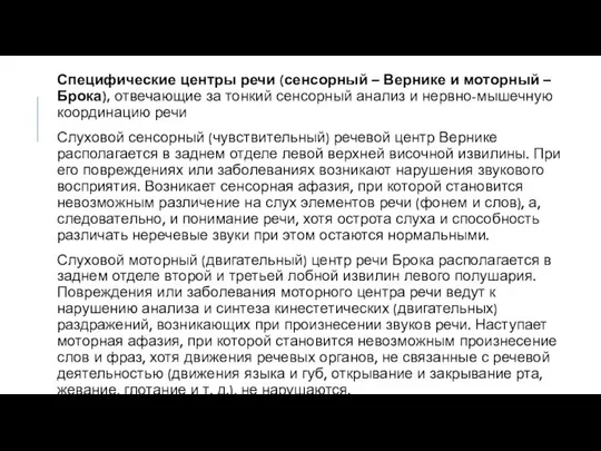 Специфические центры речи (сенсорный – Вернике и моторный – Брока), отвечающие