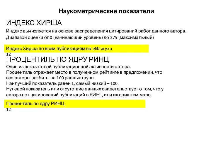 Наукометрические показатели Индекс Хирша по всем публикациям на elibrary.ru 12 ИНДЕКС