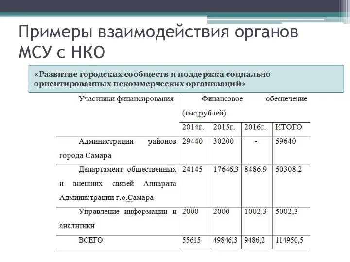 Примеры взаимодействия органов МСУ с НКО «Развитие городских сообществ и поддержка социально ориентированных некоммерческих организаций»