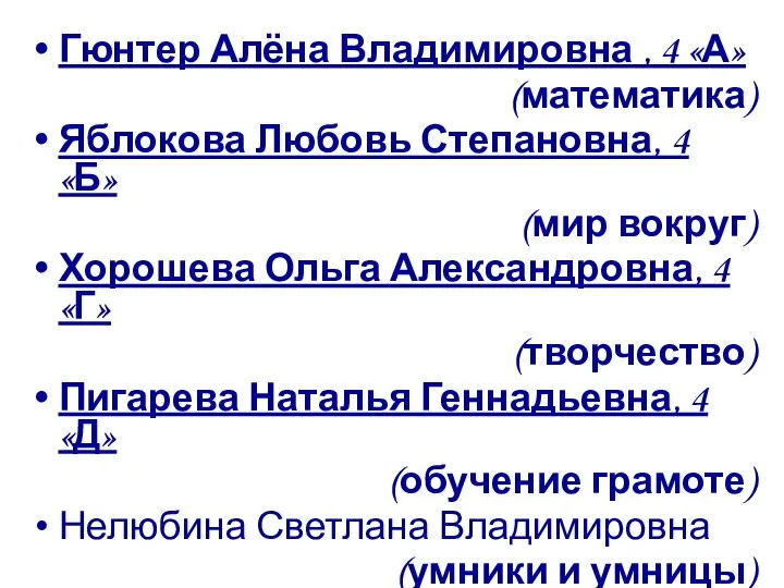 Гюнтер Алёна Владимировна , 4 «А» (математика) Яблокова Любовь Степановна, 4