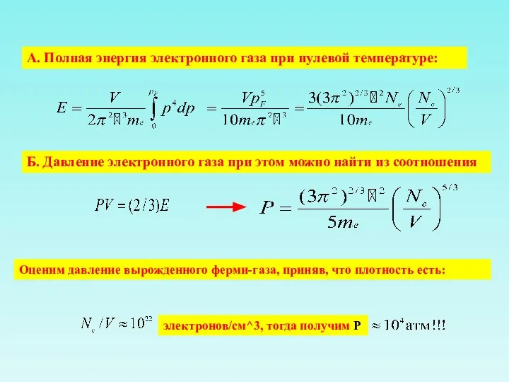 А. Полная энергия электронного газа при нулевой температуре: Б. Давление электронного