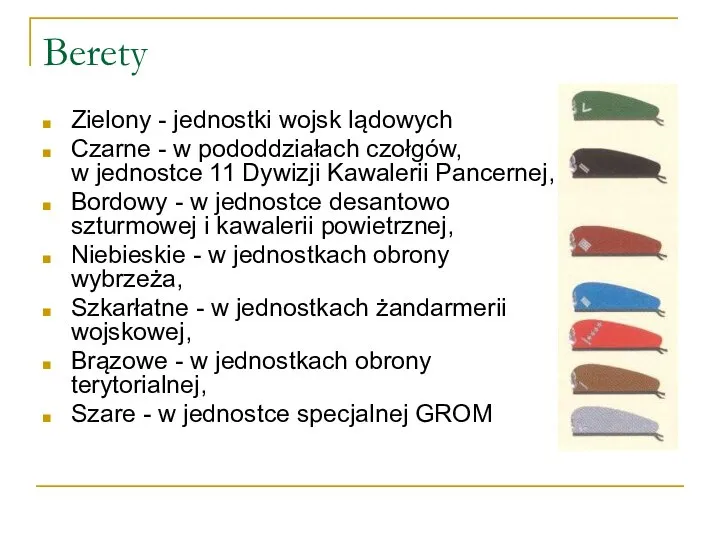 Berety Zielony - jednostki wojsk lądowych Czarne - w pododdziałach czołgów,